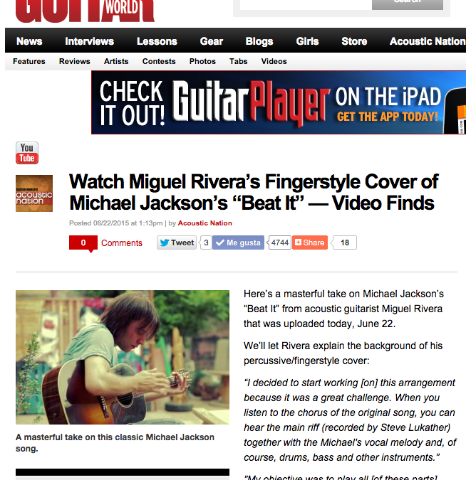 The Acoustic guitar arrrangement of Michael Jackson’s “Beat it” by Miguel Rivera become viral with more than 1 million views in just 3 days